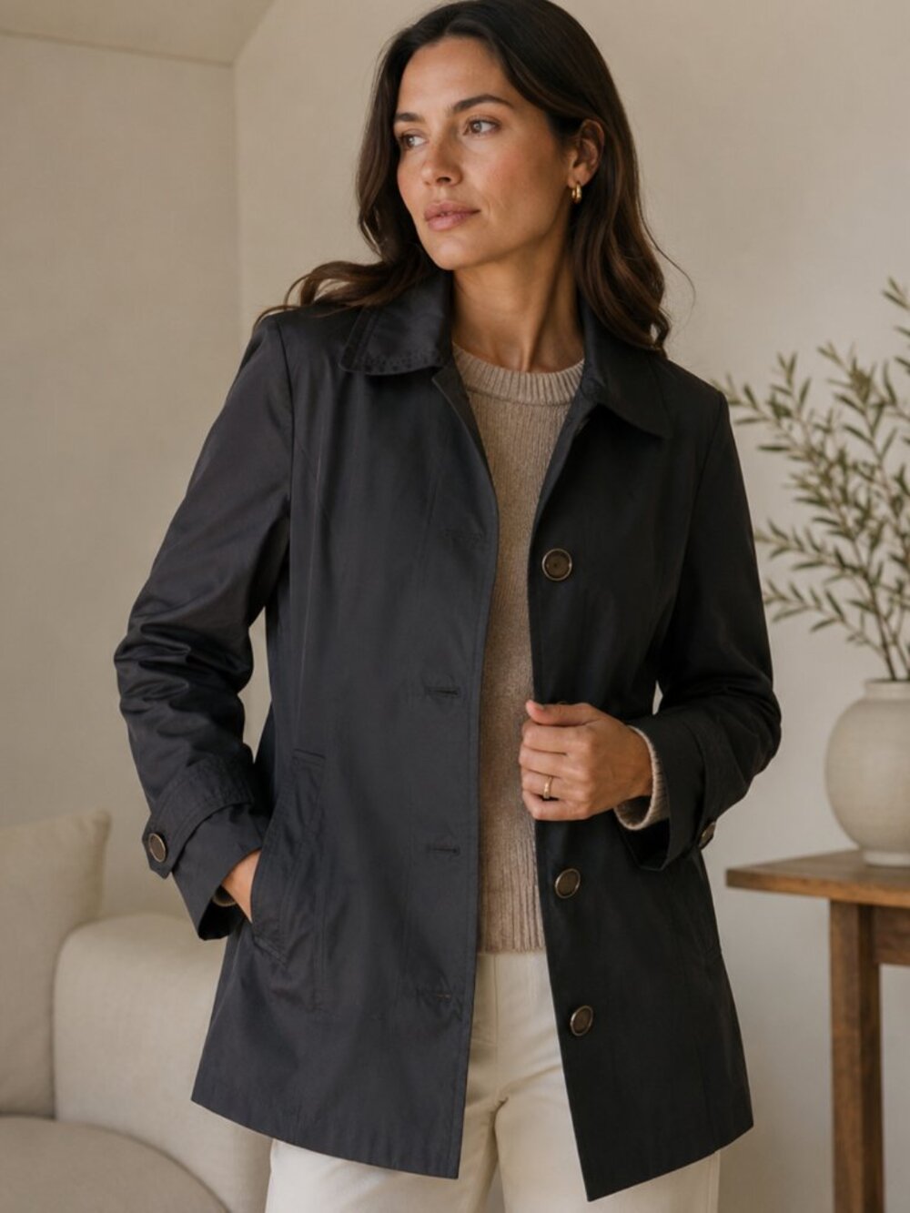 Water Resistant Short Trench Car Coat Black M Anne Klein Tailored Classic Rain